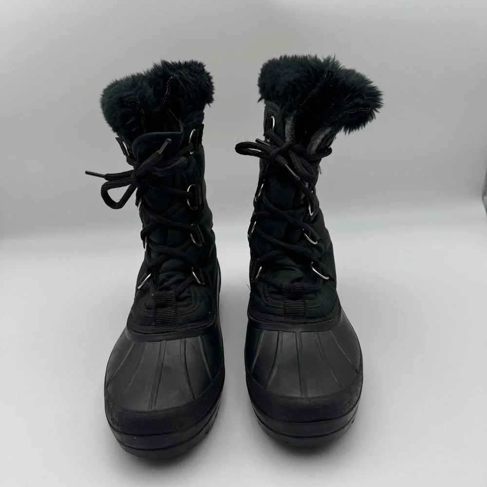 Sorel Winter Carnival Black Nylon Faux Fur Snow Boots Womens 9 Made in Canada